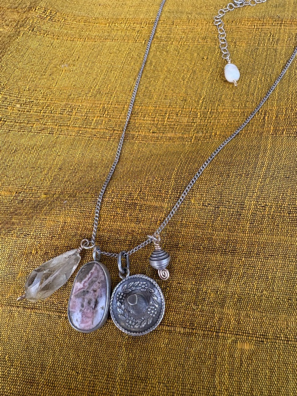Sterling Silver Multi-Charm Necklace with Pink Rhodonite and Citrine Crystal